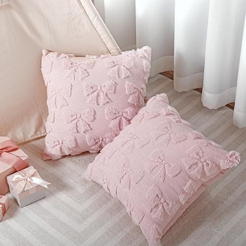 FUFRE 2 Stück Schleife Kissenbezug 45x45 cm, Kissenbezüge Schleifen 45x45 Deko Wohnzimmer Modern Kissenhülle Zimmer Deko Aesthetic Zierkissenbezüge Muttertag Dekokissen Geschenk für Mama (Rosa) thumbnail 2