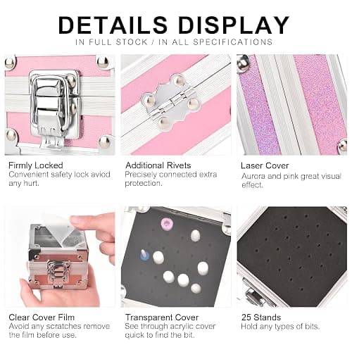 Rolabling Professional 25 Holes Nail Drill Bits Box Container Nail Drill Grinding Bit Holder Nail Polish Head Storage Box Nail Tools Organizers Container Display Storage Box Manicure Tool (Pink) thumbnail 7