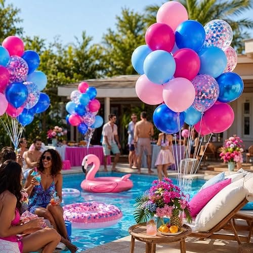 Pink and Blue Summer Balloons, 12 Inch Hot Light Pink Metallic Dark Blue Latex Balloons with Confetti Balloon for Tropical Hawaiian Gender Reveal Cartoon Birthday Pool Baby Shower Party Decorations thumbnail 5