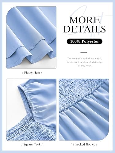 MASCOMODA Womens Summer Casual Midi Dress Square Neck Ruffle Short Sleeve Smocked High Waist A Line Wedding Guest Dresses thumbnail 4