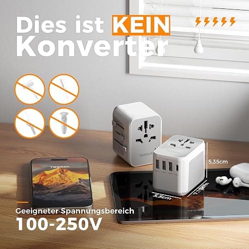 TESSAN Reiseadapter Weltweit, Universal Reisestecker mit 3 USB, 1 USB C und 1AC Steckdose, Internationaler Steckdosenadapter, Universaladapter für Deutschland USA England Thailand Italien Australien - 3 USB A und 1 USB C-Grau-Weiß thumbnail 5