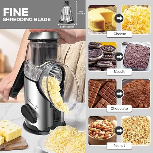 Airpro Rotary Cheese Grater with Handle - Vegetable Shredder with 3 Stainless Steel Blades & Strong Suction Base,Round Mandoline Slicer & Food Chopper for Kitchen thumbnail 5