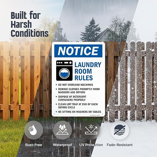 SmartSign Laundry Room Rules 'Notice - No Overload, Remove Clothes, Dispose Detergent, Clean Lint, No Sitting' Metal Sign, 14" x 10", 40 mil Laminated Aluminum, Blue/Black/White, USA-Made thumbnail 2