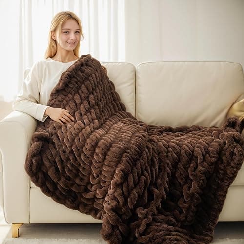 BATTILO HOME Rust Brown Faux Fur Throw Blanket for Bed, Large Double Side Reversible Ruched Rabbit Fur Blanket for Couch, Living Room, Soft Warm Mink Cozy Blanket, 60x80 Inch thumbnail 3