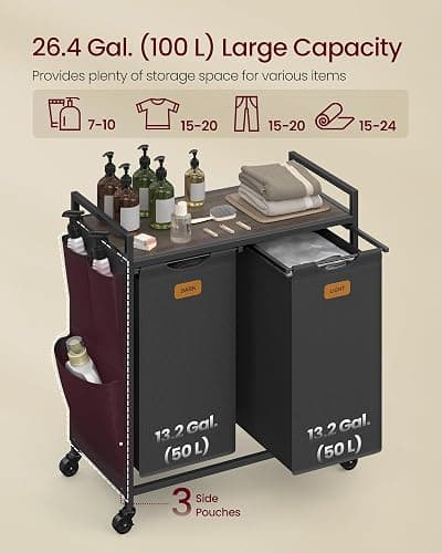 VASAGLE Laundry Hamper, Laundry Sorter Rolling Cart with Shelves, Small Side Pockets, 6 Labels, 2 Compartments, 26.4 Gal. (100 L), Ink Black and Ash Brown UBLH222BH01 thumbnail 4