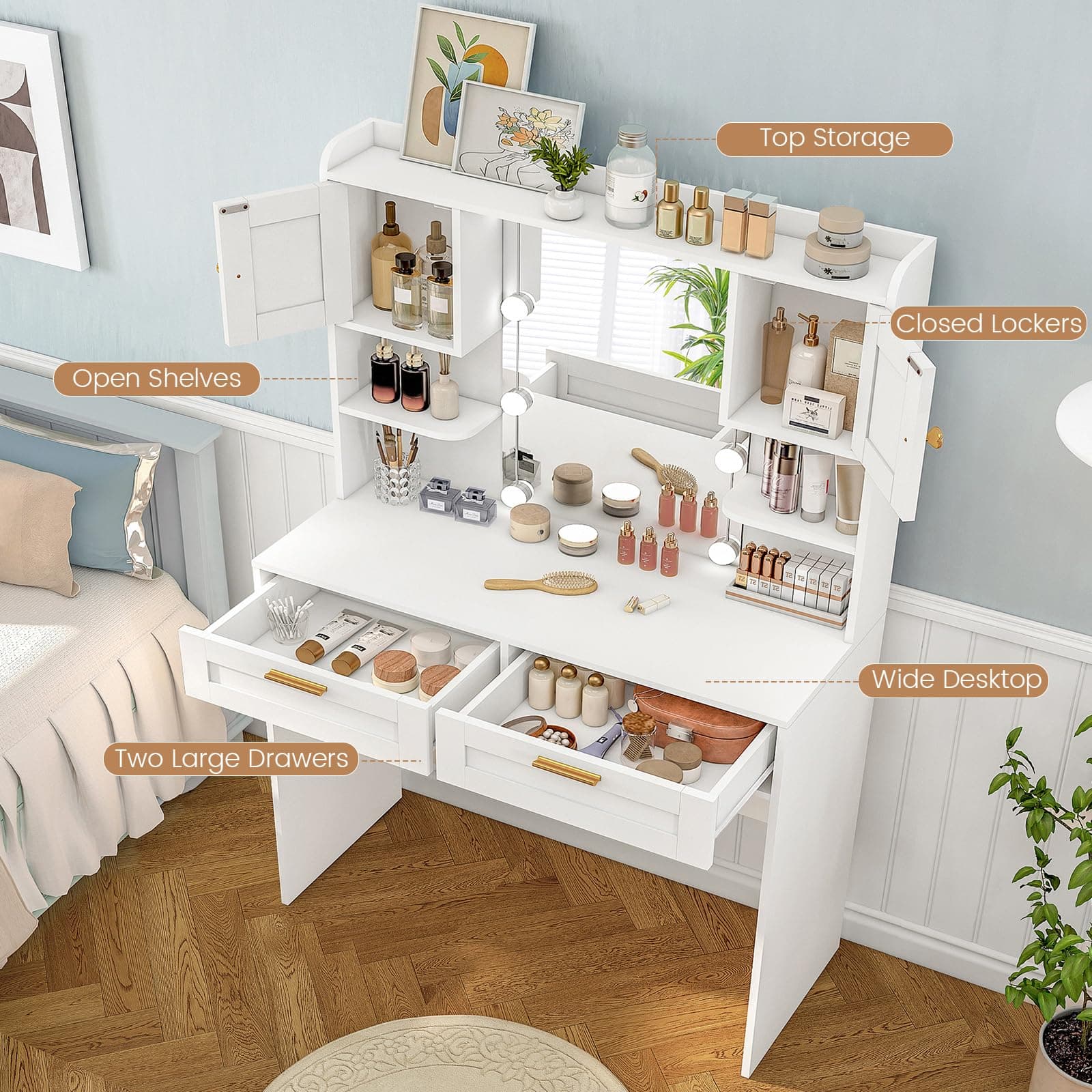 FIONESO Makeup Vanity Desk with HD Mirror & 10 Lights, Dressing Table with 2 Cabinets & 2 Shelves, Makeup Vanity Table with 2 Drawers & 3 Lighting Modes, Vanity Desk Set for Girls & Women, White thumbnail 2