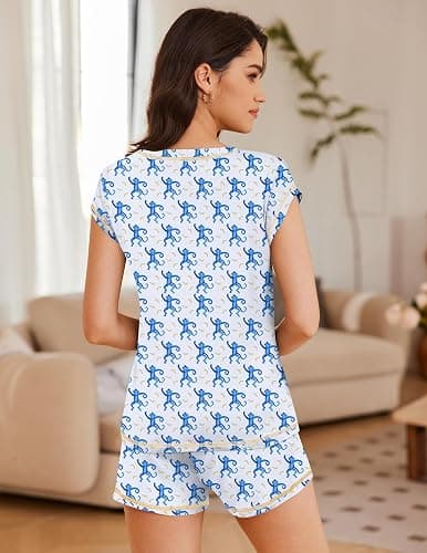 Ekouaer Pajama Set for Women Short Sleeve Tops and Shorts Set 2 Piece Pjs Classic Loungewear with Pockets thumbnail 4