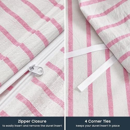 Wake In Cloud - Striped Cotton Duvet Cover Set, Ticking Stripe Vertical Pinstripe Farmhouse, 100% Washed Cotton Textured Percale Bedding Set, 3 Pieces, Pink White, Twin Size thumbnail 7