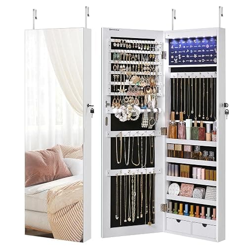 SONGMICS Schmuckschrank mit langem Spiegel, Schmuckaufbewahrung mit 6 LED-Lampen, zum Aufhängen an der Tür oder zur Befestigung an der Wand, großes Fassungsvermögen, 2 Schubladen, Weiß JJC99WT - Image 1