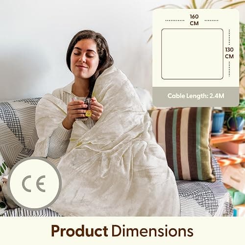 KEPLIN Large Electric Heated Throw Blanket - Electric Heated Blanket Throw for Bedspread 9 Heat Settings & Timer, Machine Washable Fleece Wool Duvet with 1 Year Warranty - Cream/Cream Sherpa thumbnail 2