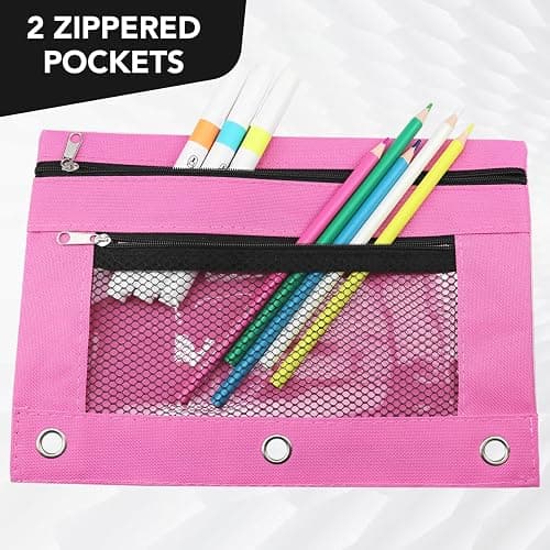 3 Ring Pencil Pouch for Binder, 2-Pocket Zipper Pencil Case with Clear Window & Mesh Pocket, Heavy Duty 600D Oxford Fabric Binder Pouch for School Office Supplies, Fits Standard 3-Ring Binders, Pink thumbnail 3