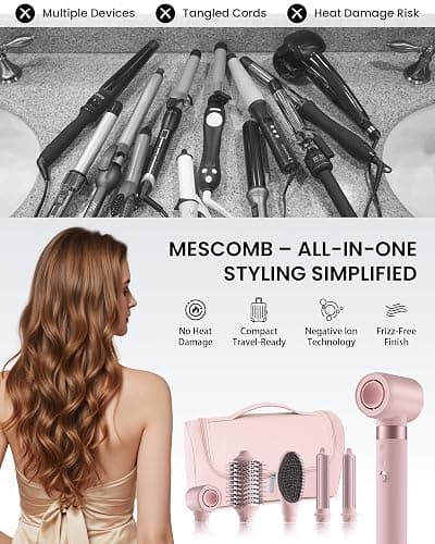 MESCOMB 5 in 1 Airstyler, Professioneller Hairstyler Set mit Ionen Föhn,Auto-Lockenstab,Glätteisen, Volumenbürste, Zum Schnelltrocknend, Styling, Volumisieren, Locken und Glätten,Mit Reisetasche thumbnail 7