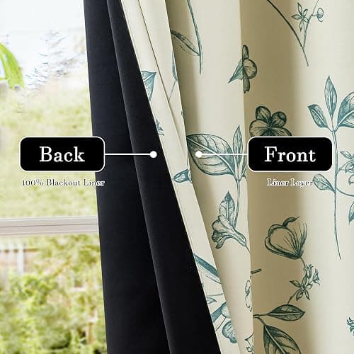 ChrisDowa Beige 100% Blackout Floral Curtains 84 Inches Long 2 Panels for Bedroom Living Room Teal Flower Patterned Room Darkening Thermal Insulated Soundproof Grommet Window Treatments Drapes,52X84 thumbnail 7