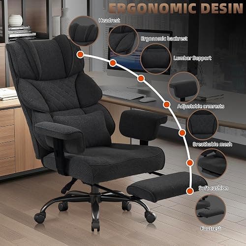 Vonesse Big and Tall Office Chair, Computer Chair with Soft Adjustable Armrests, Ergonomic Gaming Chair with Breathable Linen Design, Executive Chairs with Footrest (Linen Fabric,Black) thumbnail 3