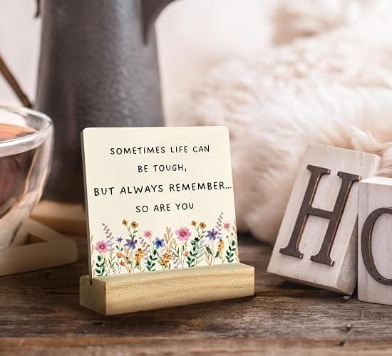 QASHWEY Motivational Desk Decor, Inspirational Desk Decor Floral Wood Table Signs, Inspirational Gifts for Women Friends, Sometimes Life Can be Tough Wooden Plaque with Wooden Stand for Home Office thumbnail 2