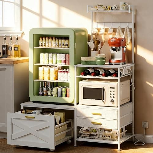 Jartoil Mini Fridge Stand with Microwave Shelf, Farmhouse Mini Fridge Stand with Wine Rack & Power Outlet, Kitchen Bakers Rack with Shelf and Drawers for Home Dorm Office Bar, White Large thumbnail 9