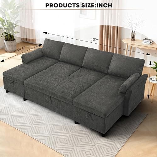 ACMEASE 107 Inches Fabric Sectional Sofa with Pull Out Sofa Bed, Modern U-Shape Sofa with Throw Pillows, Comfortable Sleeper Couch with Storage Chaise for Living Room, Grey thumbnail 5