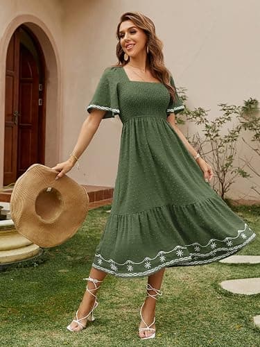 Glamaker Women's Short Sleeve Smocked Square Neck A Line Summer Flowy Maxi Long Dress thumbnail 5