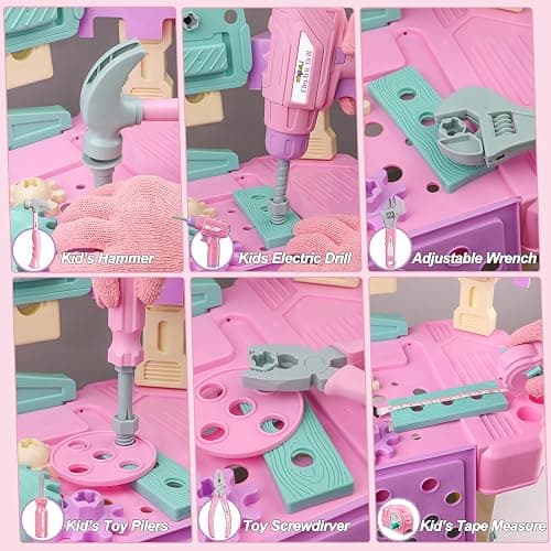 Magic4U Kids Tool Bench Set, 89PCS Toddler Tool Workbench with Electirc Drill 12 Tools Equipement,Safety Vest & Hat,Pretend Play Kids Construction Toys Gift for Girls Boys Age 3,4,5,6,7,8 thumbnail 6