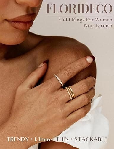 Florideco 14K Gold Plated Stackable Rings for Women Non Tarnish Dainty Cubic Zirconia Thin Thumb Ring Set Silver Plated Stacking Set Statement Promise Wedding Band Ring Sets thumbnail 3