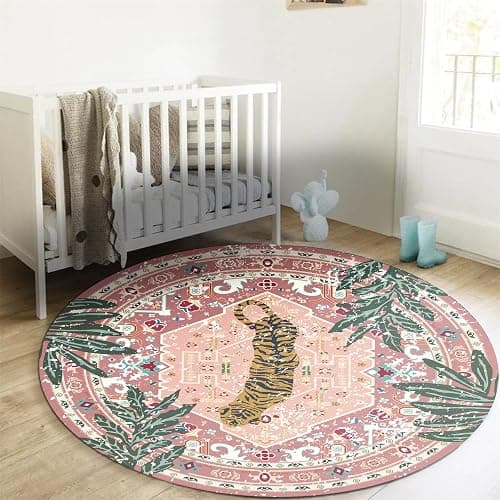 Aldopein Washable Pink Rugs Thin Oriental Boho Vintage Cute Tropical Leopard 6ft Round Area Rugs for Bedroom Kitchen Dining Living Room Office Indoor Entryway Distressed Nursery Circle Carpet thumbnail 2