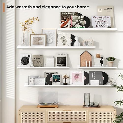 Fun Memories Picture Ledge Shelves Set of 2, 24 Inch Rustic Wall Mounted Floating Shelves with Lip for Home Storage and Décor in Bathroom, Kitchen, Nursery, Bedroom, Living Room, White - White - 24inch thumbnail 7