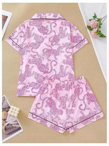 WDIRARA Women's Two Piece Animal Print Short Sleeve Button Shirt and Elastic Waist Shorts Pajama Set thumbnail 2