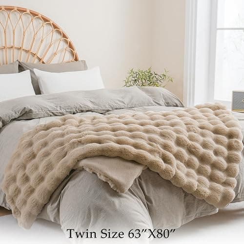 BENVWE Faux Fur Throw Blanket for Couch Bed - Fluffy Soft Thick Bubble Blanket for Living Room Home Decor - Mothers Day Birthday Gifts for Women, Beige, 63" x 80" thumbnail 3