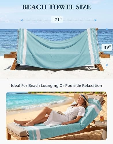 LANE LINEN Beach Towel 2 Pack, Oversized Beach Towel 39"x71", Lightweight Beach Essentials for Women, Large Pool Towel, Absorbent & Quick Dry, Sand Free Beach Towel - Aqua thumbnail 4