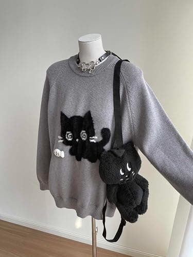 Y2K Kawaii Knit Cute Cat Print Casual Long Sleeve Crew Neck Oversize Pullovers Sweaters for Women thumbnail 6