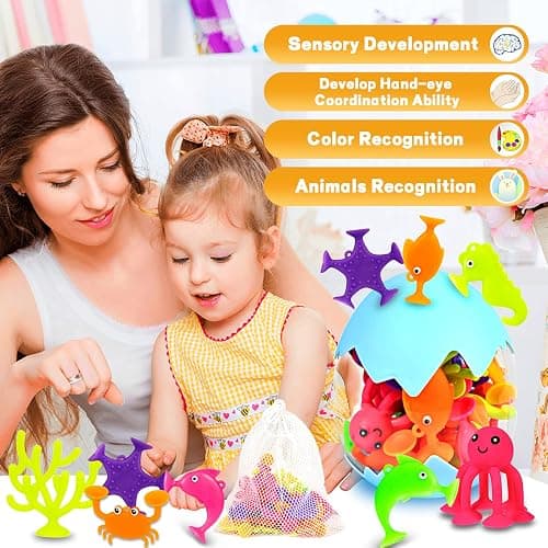 Suction Bath Toys for Kids, 18 Pcs Silicone Ocean Animal Suction Cup Toys with Eggshell & Bag, No Hole Mold Free Bath Toy, Sensory Window Building Toys for Toddlers Boys Girls 3 4 5 6 Year Old thumbnail 3