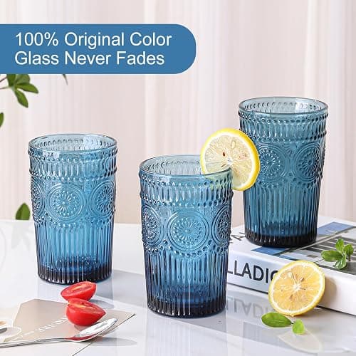 ZMOWIPDL Vintage Glassware Drinking Glasses Set of 6,13 oz Blue Textured Flower Design Glass Water Tumblers，Embossed Striped Drinkware for Water,Cocktails,Juice,Iced Coffee thumbnail 4