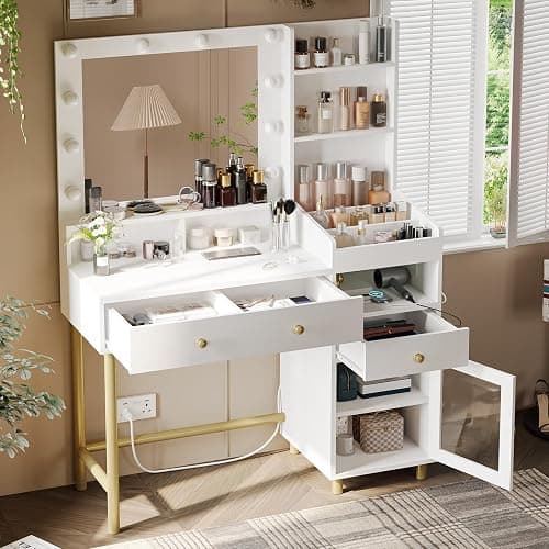VIAGDO White Vanity Desk with Mirror and Lights, Makeup Vanity with Charging Station & 3 Storage Compartments, Makeup Desk with Drawers and Open Storage Shelves, Bedroom Dressing Table thumbnail 9