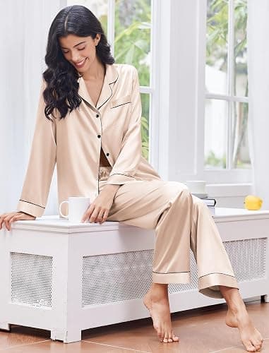 Ekouaer Women's Classic Button Down Long Satin Silk Pajama Set | Soft Satin Pajamas, Mix-Match Daily Look, Chest Pocket,Elastic Waist, Gift For Ladies thumbnail 4
