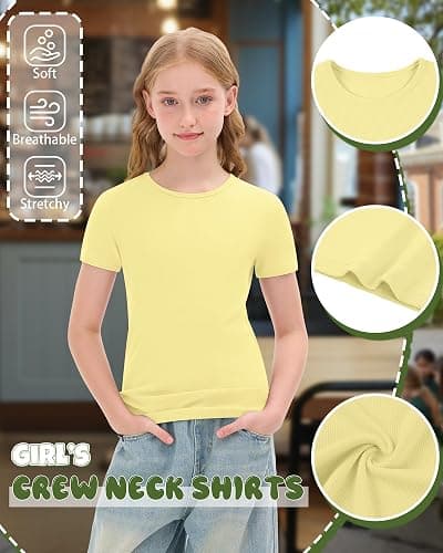 Oakgarden 4 Pack Girls T Shirts 5-14 Years Short Sleeve Ribbed Tops Crew Neck Slim Fit Summer Casual Cute Basic Tees for Kids thumbnail 6