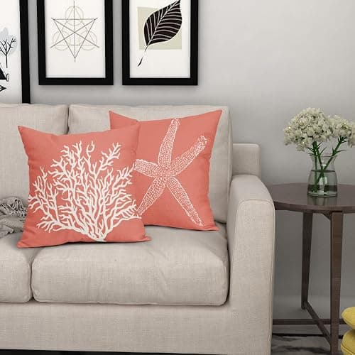 Coastal Coral Throw Pillow Covers 18x18 Inch Set of 2 Starfish Beach Nautical Pillow Covers Summer Farmhouse Pillowscase Linen Square Cushion Covers for Sofa Couch Bedroom Living Room Home Decoration thumbnail 2
