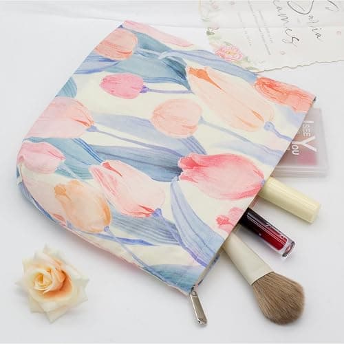 Floral Makeup Bag Large Cotton Zipper Pouch for Purse Travel Canvas Make Up Organizer for Women Cosmetic,Tulip Pink thumbnail 4
