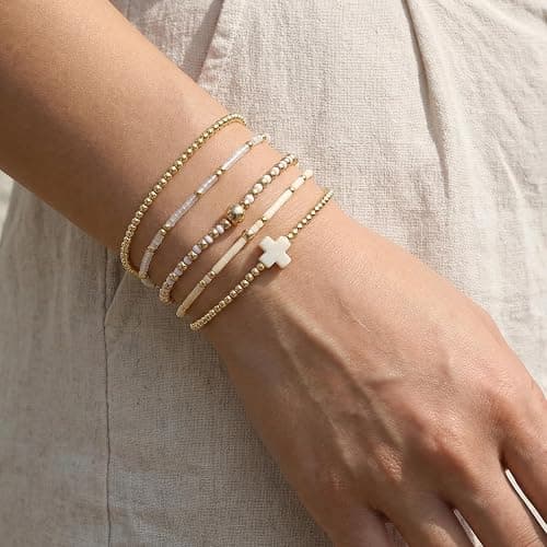 Bohxantium Gold Beaded Bracelets Stack for Women Stackable 14K Gold Plated Beads Ball Cross Bracelet Boho Christian Jewelry Faith Friendship Birthday Gifts for Women thumbnail 2