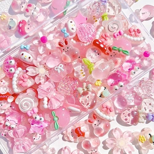 FULUSODO 60pcs Cute Set, Pink Flat Back Bulk Mixed Resin Set Ornament Scrapbooking - Image 1