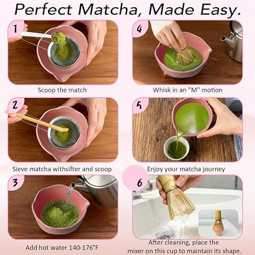 GZIXBDA 8Pcs Matcha Whisk Set, Matcha Set Includes Ceramic Matcha Bowl, Whisk and Holder, Bamboo Scoop, Scoop Rest, Sifter, Measuring Spoons and Tea Towel Tea Kit Gift Set for Women (Pink) thumbnail 7