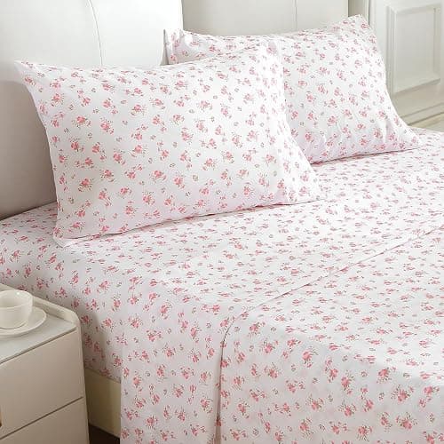 MUXHOMO Full Size 4 Piece Sheet Set, Soft Breathable Bed Sheet Set for Bedroom with Deep Pocket Up to 16", Wrinkle-Free & Cooling Bedding for Oeko-TEX Certified - Blossoms Pink thumbnail 3