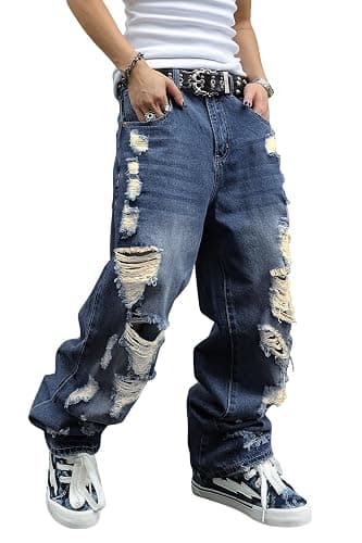 MZNBURAM Men's Non-Stretch Loose Fit Wide-Leg Baggy Jeans Pants - Image 1