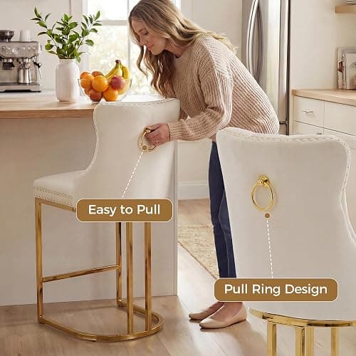 AQO Counter Height Bar Stools Set of 3 for Kitchen Island, Modern Bar Stools with Backs, 26 Inch Barstools with Upholstered Velvet Seat and Gold Legs, Beige thumbnail 5