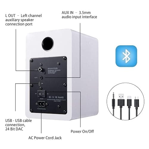 Sanyun SW208 3" Active Bluetooth 5.0 Bookshelf Speakers – 60W Carbon Fiber Speaker Unit - Built-in 24bit DAC Dynamic 3D Surround Sound 2.0 Computer PC Monitor Gaming (Pair, White) thumbnail 4