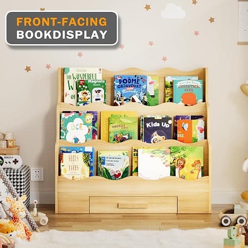 FIKSG 3-Tier Montessori Scalloped Kids Bookshelf with Drawer | 29.6" Wide Natural Wood Forward Facing Bookcase for Toddlers, Children's Book Display and Organizer for Playroom,Nursery thumbnail 5