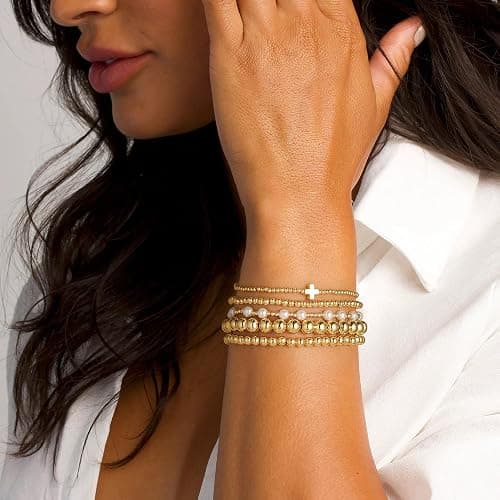Yoosteel Gold Beaded Bracelets Set for Women Teen Girl Gifts Non Tarnish - 14K Gold Plated Dainty Round Bead Ball Pearl Cross Bracelet Stack for Women Teenage Girls Stackable Jewelry Christmas Gifts thumbnail 2