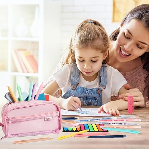 MeCids Aesthetic School Supplies with Large Capacity Pencil Case Set - 6 Highlighters, 5 Ink Gel Pens, 6 Pastel Mechanical Pencils and Lead Refills Eraser Sticky Note Paper Clip Clamp (27pcs) thumbnail 6