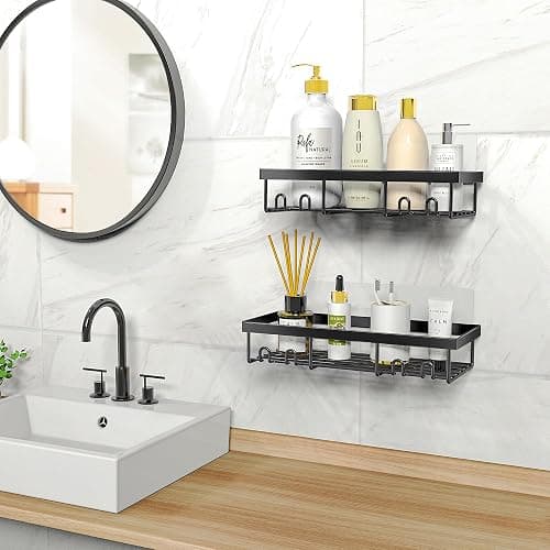 Moforoco Shower Caddy Shelf Organizer Rack, Self Adhesive Black Bathroom Shelves Basket, Home Farmhouse Wall Inside Organization and Storage Decor Rv Accessories, First Camper Apartment Essentials thumbnail 7