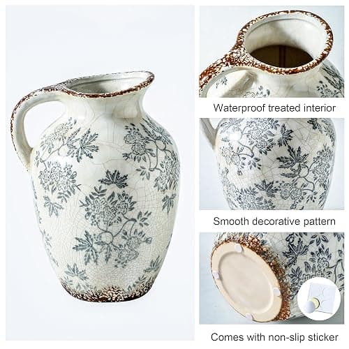 Enra Vintage vase with Handle,Blue and White Ceramic Decorative Flower vase, Chinoiserie Floral Vase,Large Rustic Vases for Home Decors, Living Room, Bookshelf, Office，9.7 inch thumbnail 3