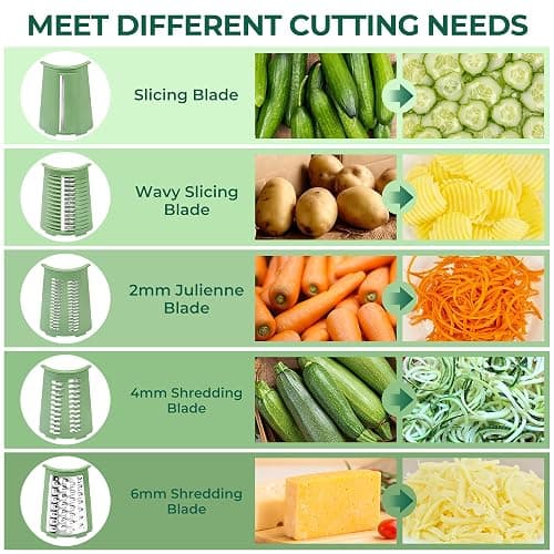 SUSTEAS Rotary Cheese Grater with Handle - Vegetable Shredder with 5 Well-designed Blades & Strong Suction Base,Round Mandoline Slicer & Food Chopper for Kitchen,with Blade Storage Box(Retro Green) thumbnail 4